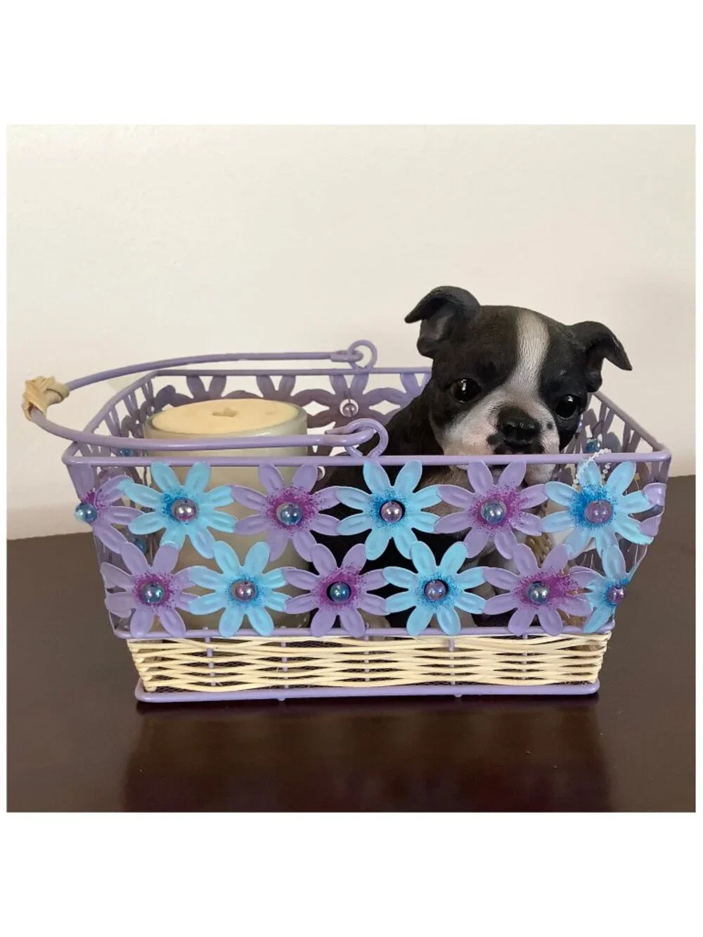 GUC Lavender & Blue Floral Handled Metal Basket with Irridescent Bead Accents